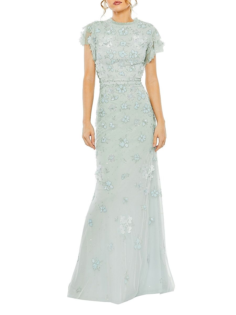 Women's High Neck Flutter-Sleeve Floral Embellished Gown - Butter - Size 16