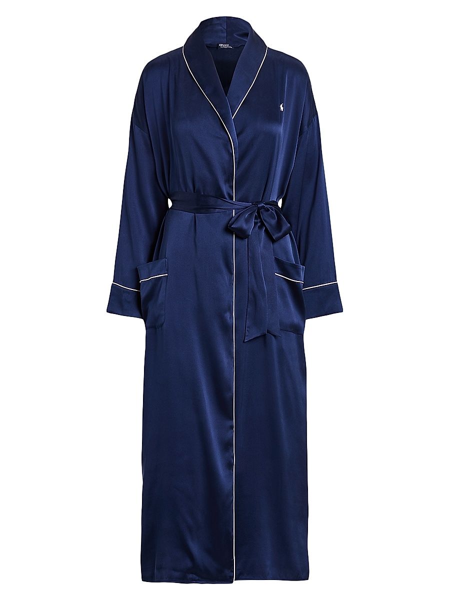 Women's Belted Silk-Blend Robe - Navy - Size Medium