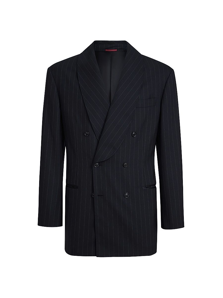 Men's Super 150s Virgin Wool Chalk Stripe One and a Half Breasted Tuxedo Jacket - Black - Size 38