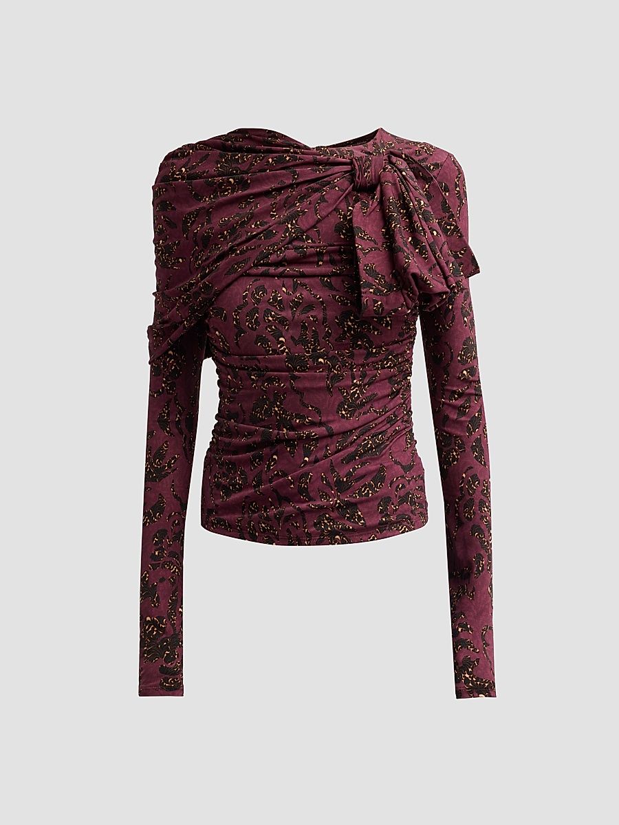 Women's Neema Printed Draped Jersey Top - Claret Floral - Size XL