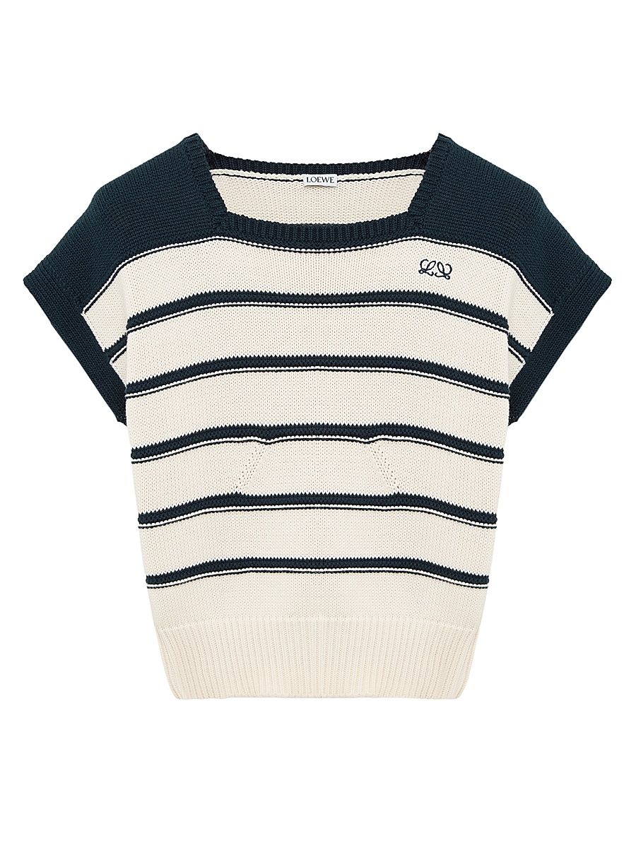 Women's Striped Cotton-Blend Short-Sleeve Sweater - White Navy Blue - Size Large