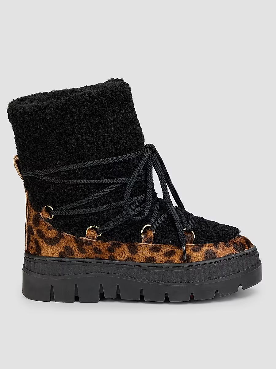 Women's Lace-Up Shearling Ankle Boots - Black Leopard - Size 11