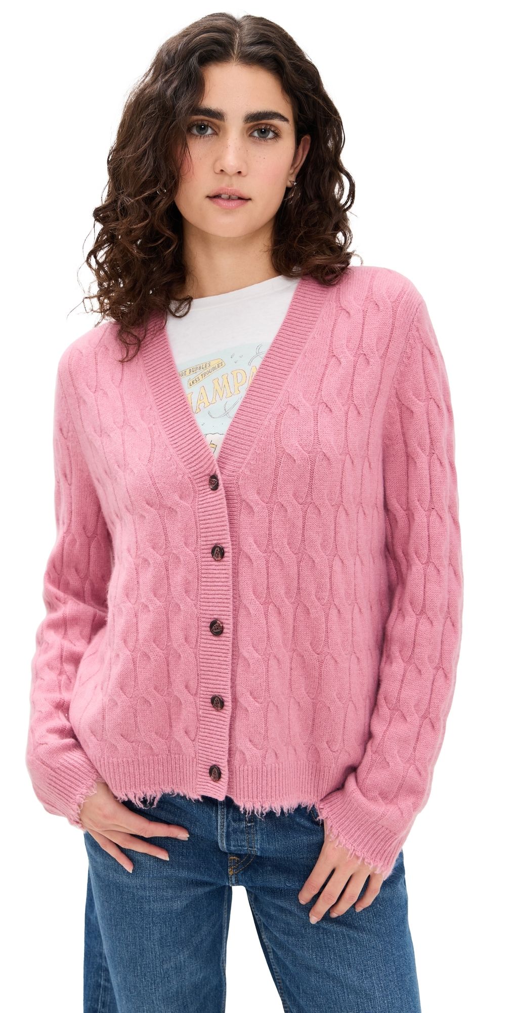 RE/DONE Cashmere Cable V Neck Cardigan Old Rose M