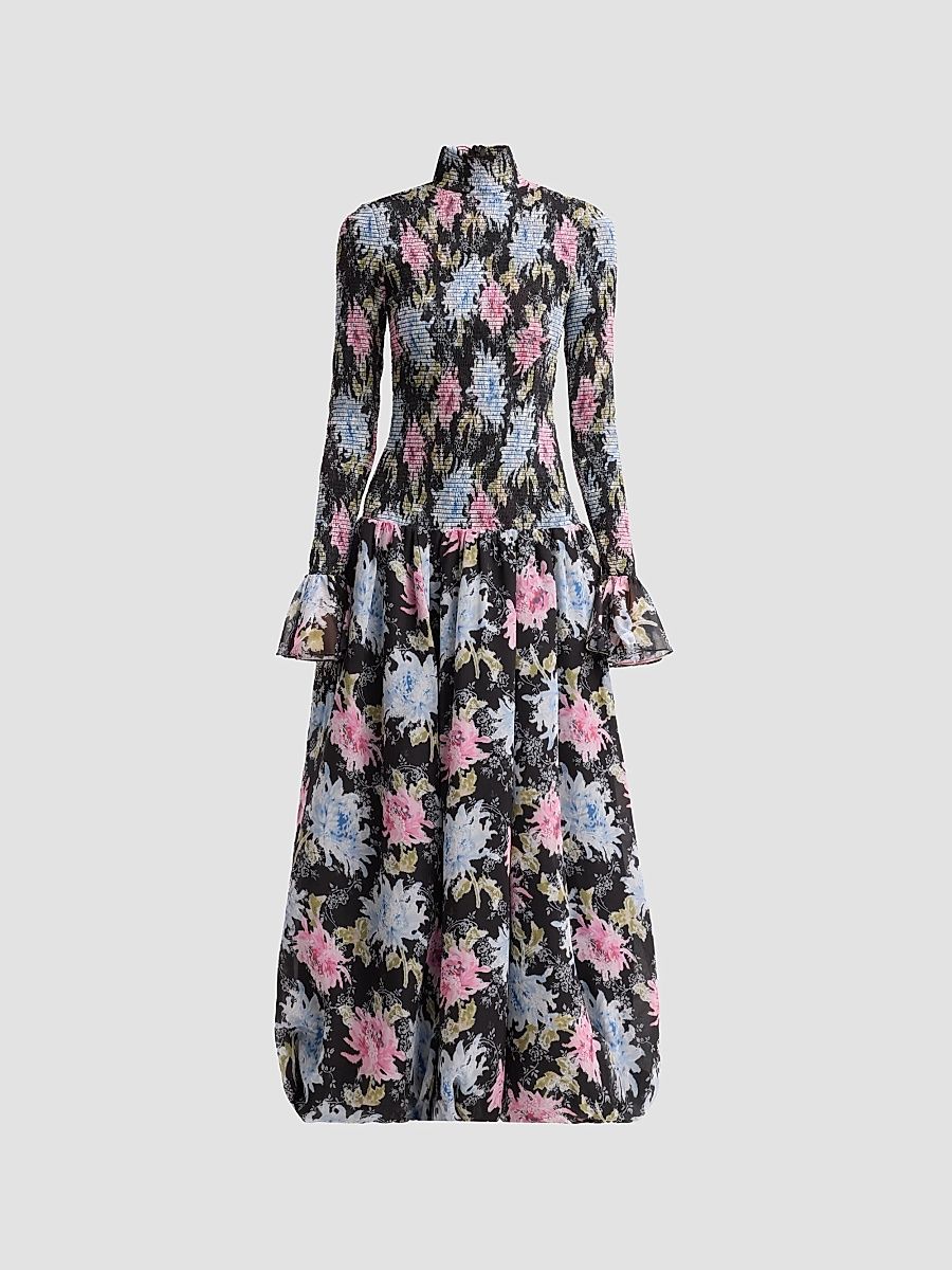 Women's Ismene Dahlia-Print Smocked Maxi Dress - Black Multi - Size 14