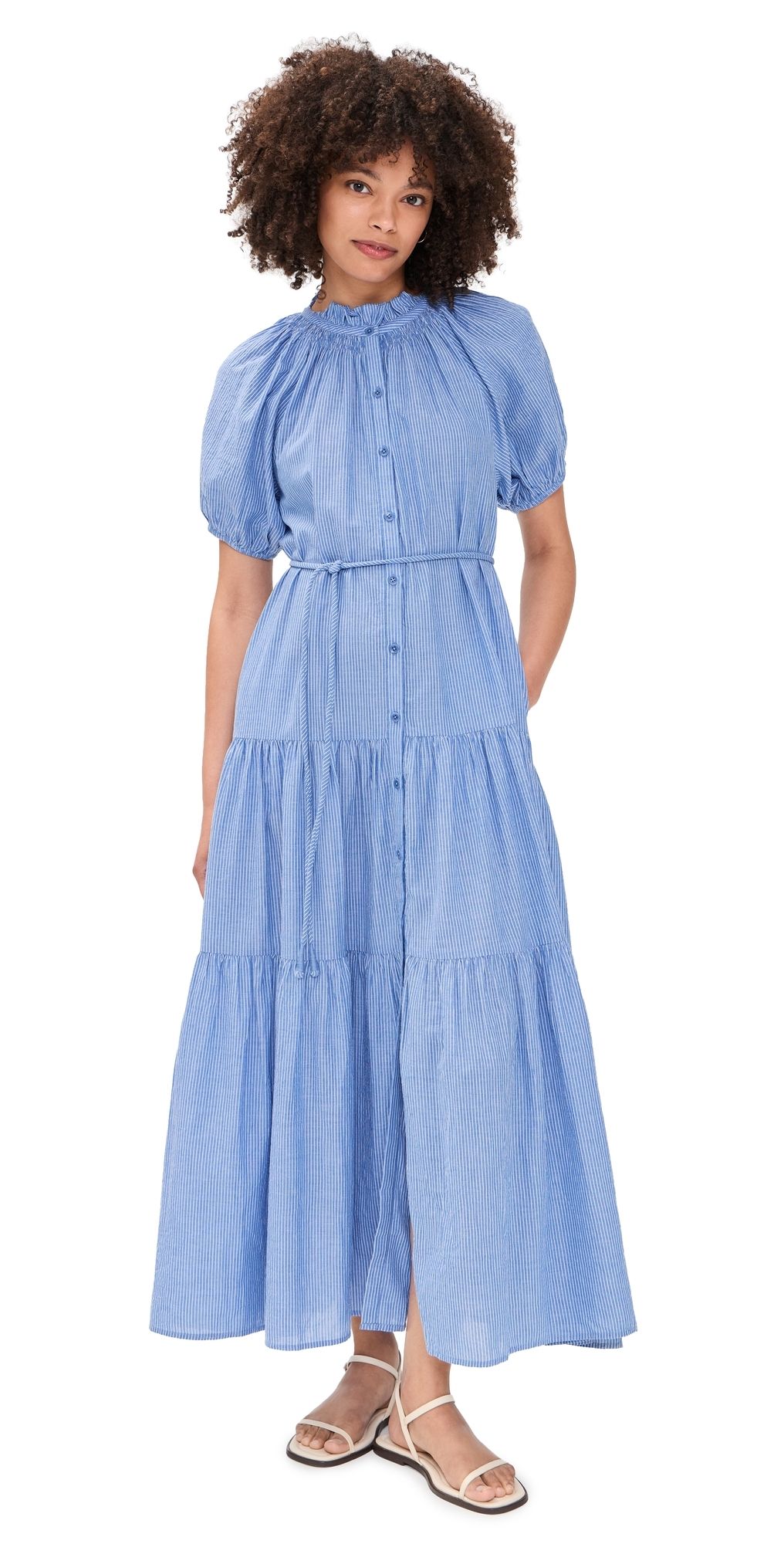 Apiece Apart Mazza Maxi Dress Microstripe Blue & Cream S