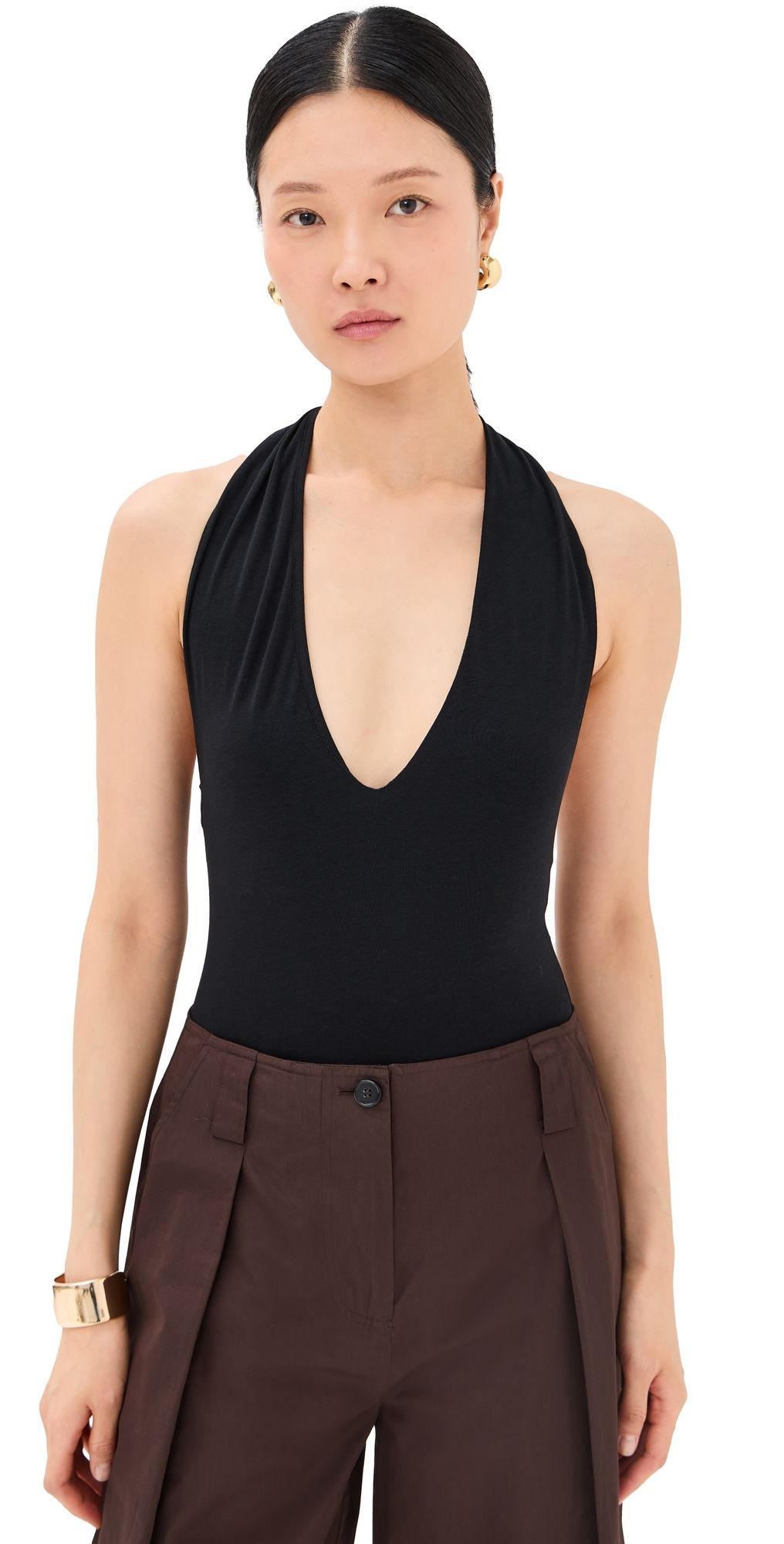 Another Tomorrow Cotton Tencel Halter Thong Bodysuit Black XL