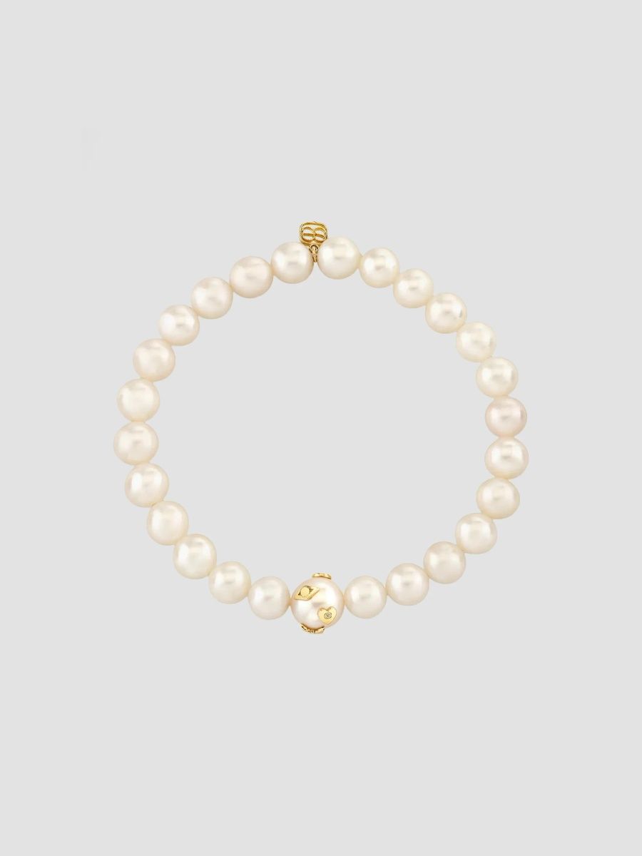 Sydney Evan Women's Tuxedo 14K Yellow Gold, Freshwater Pearl & 0.01 TCW Diamond Beaded Stretch Bracelet - Yellow Gold