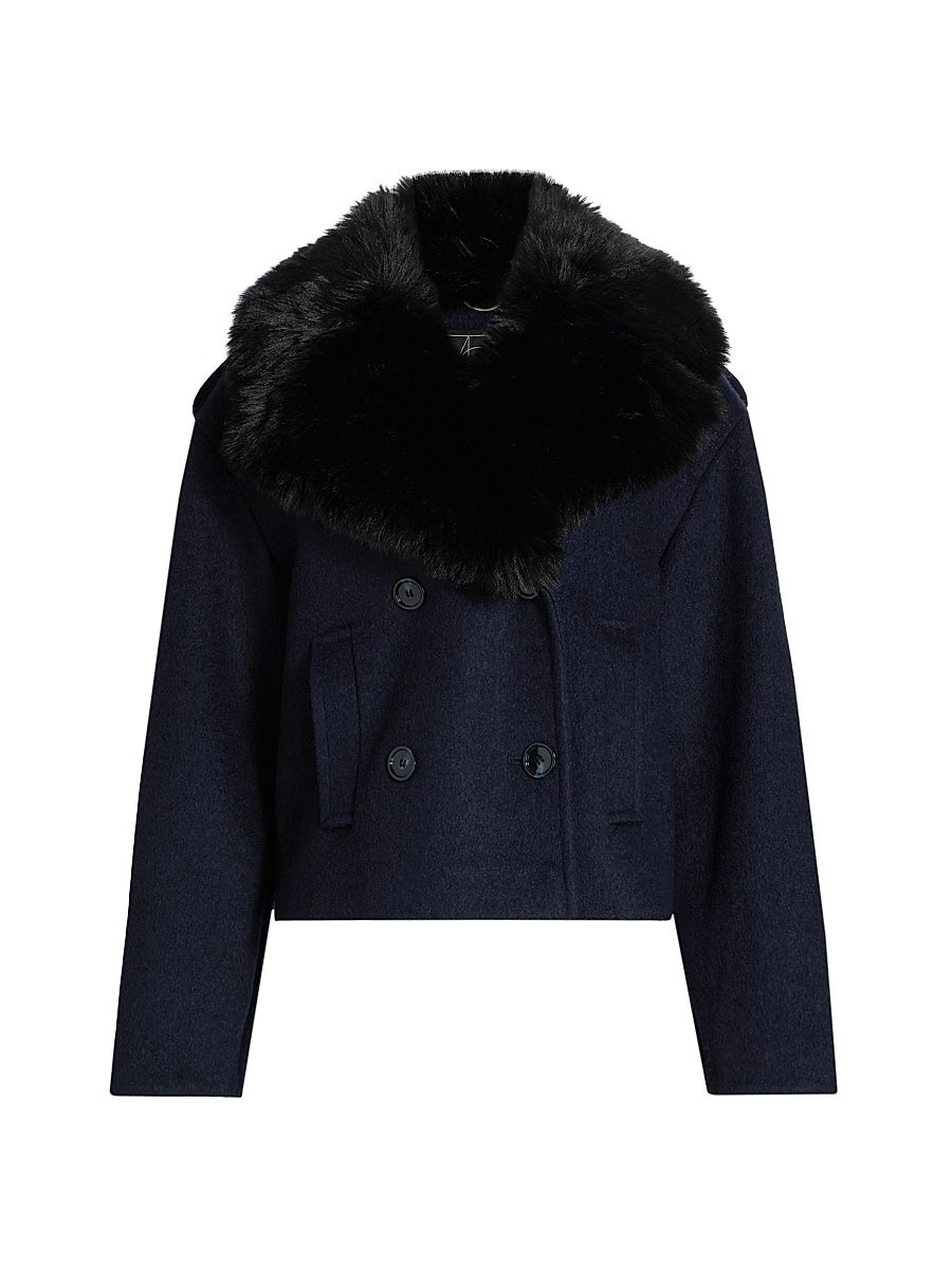 Women's Georgia Faux Fur Collar Double-Breasted Peacoat - Navy With Black Fur - Size XL