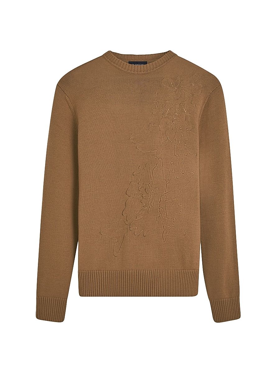 Men's Embroidered Crewneck Long-Sleeve Sweater - Camel - Size XXL