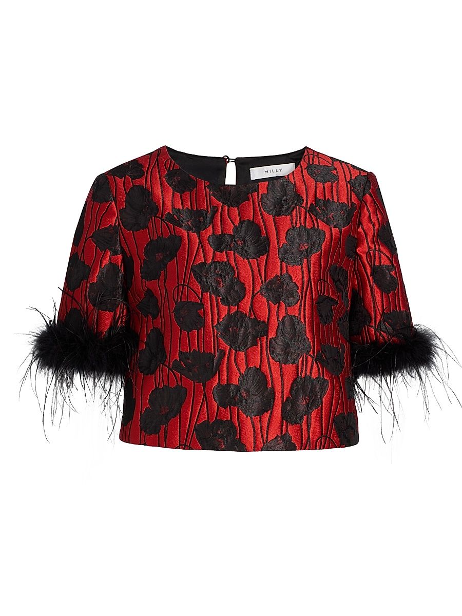 Women's Ruthe Poppy Jacquard Feather-Trimmed Top - Red Black - Size Large