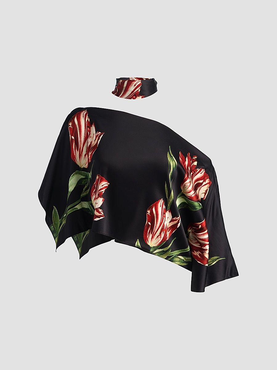 Women's Rita Draped Floral One-Shoulder Crop Top - Soft Tulip Black - Size XS