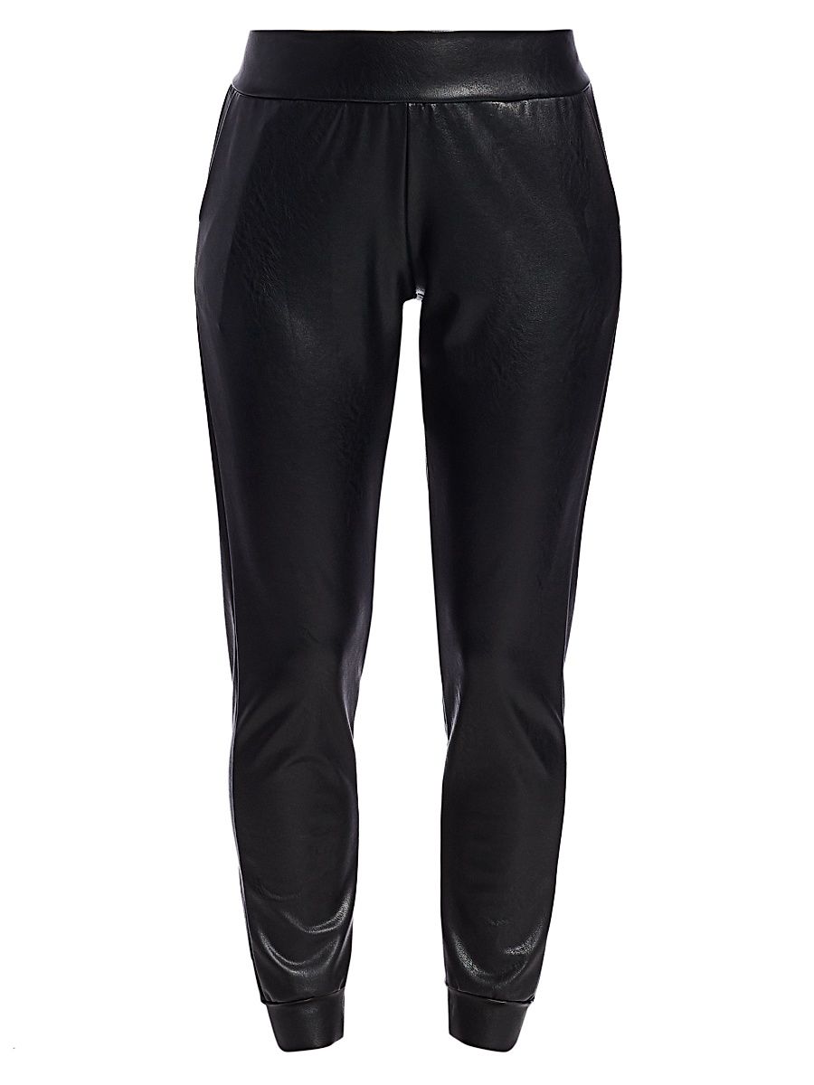 Women's Faux Leather Joggers - Black - Size Large