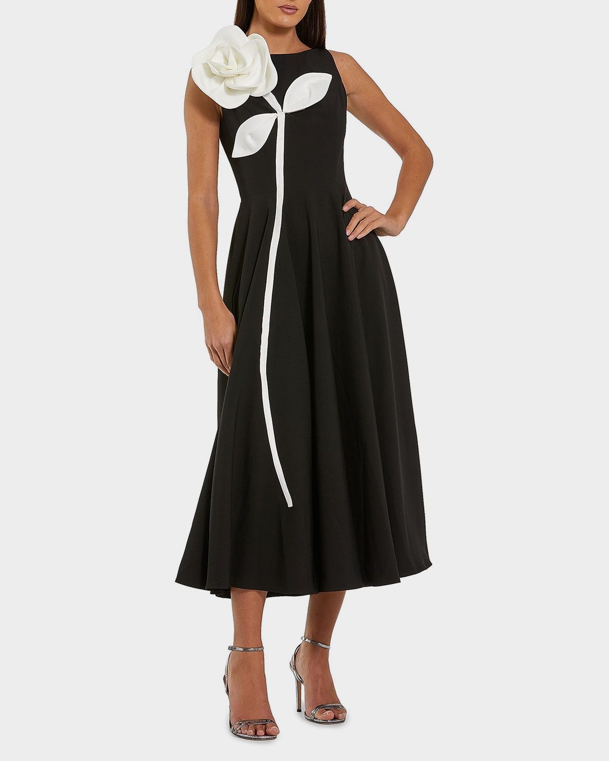 Floral Appliqué High-Neck Crepe A-Line Midi Dress