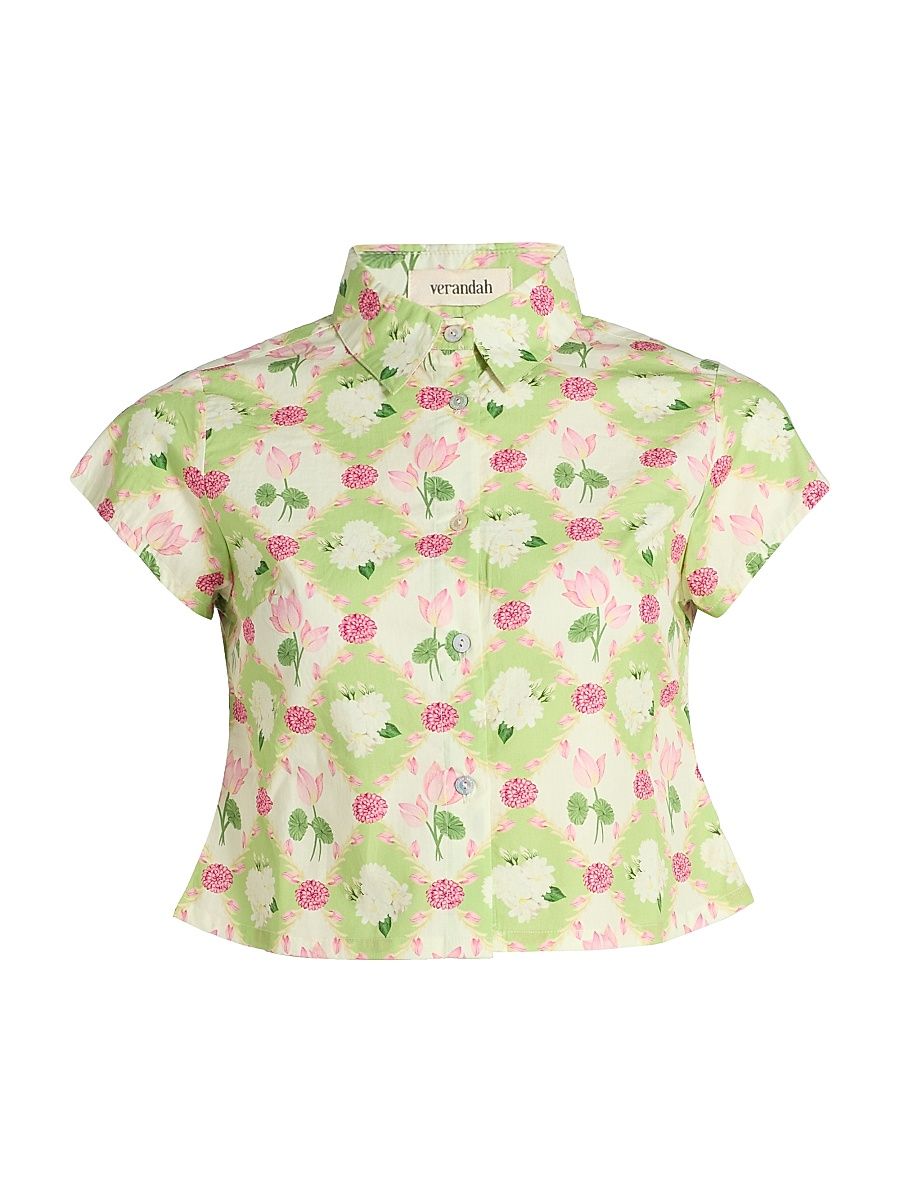 Women's Floral Cotton Poplin Crop Shirt - Sage Green And Ivory Lotus - Size Medium