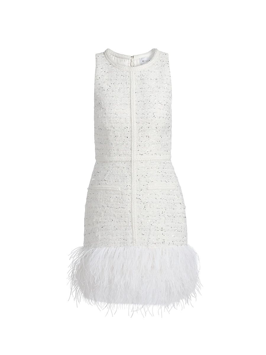 Women's Raven Feather-Trim Metallic Tweed Minidress - White Silver - Size 12