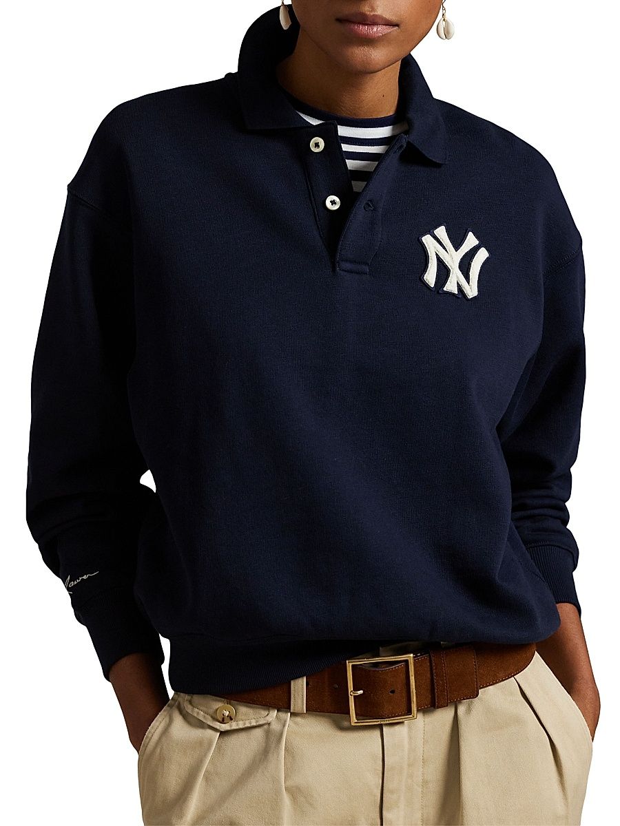 Women's New York Yankees Fleece Long-Sleeve Polo - Aviator Navy - Size XXS