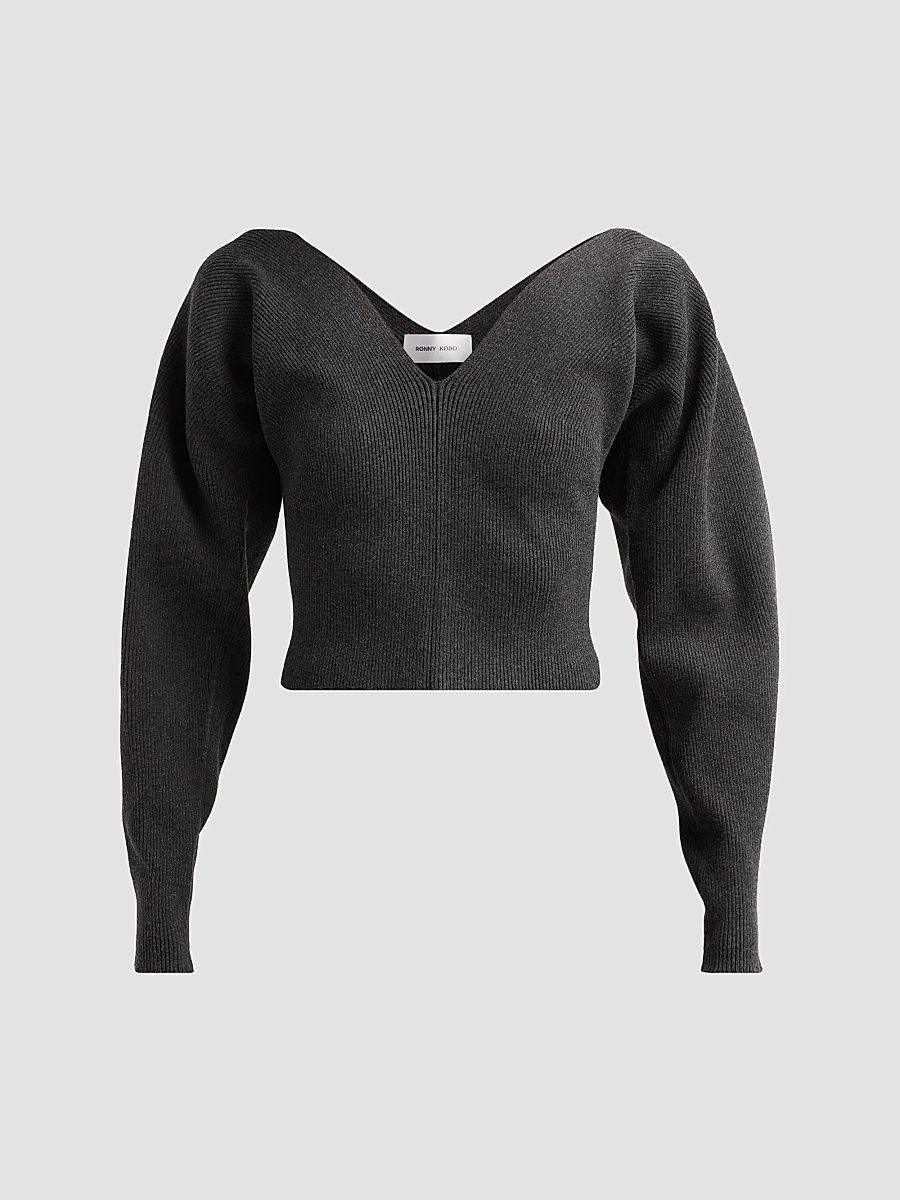 Ronny Kobo Women's Krystal Rib-Knit Sweater - Charcoal - Size Large