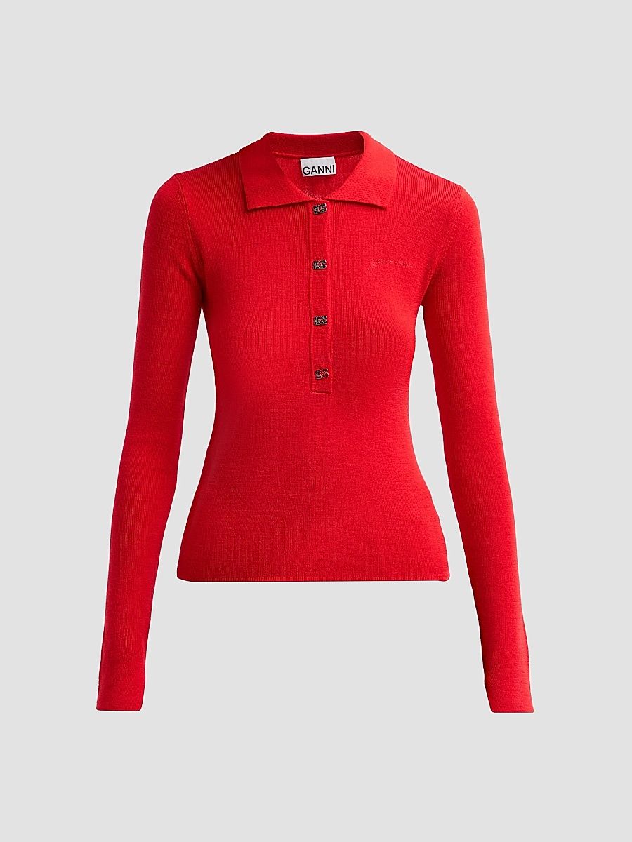 Women's Mini Merino Rib-Knit Long-Sleeve Polo Top - Goji Berry - Size XL