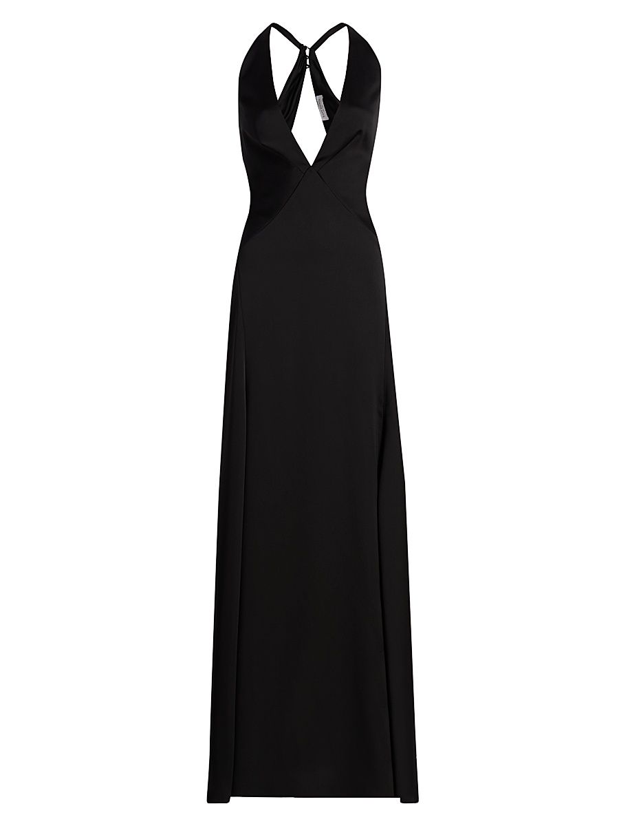 Women's Belle Plunging V-Neck Satin Gown - Black - Size 16