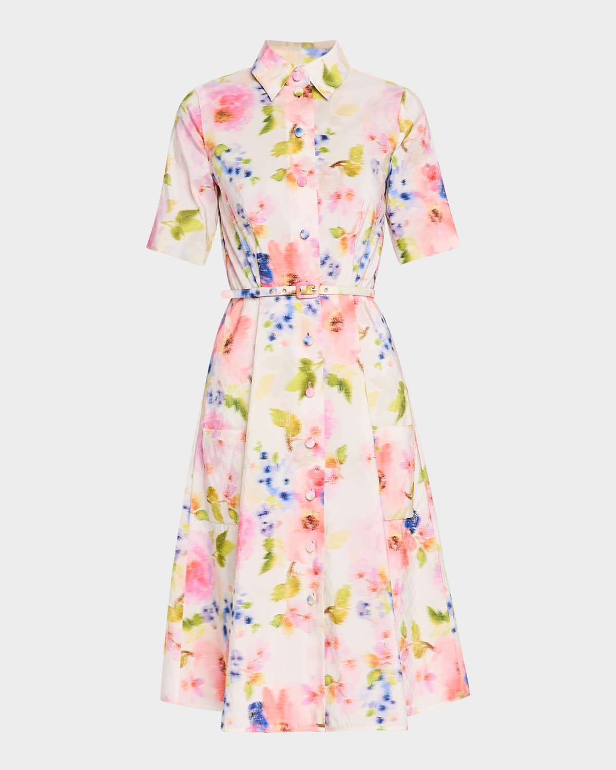 Multi Floral Taffeta Short-Sleeve Shirtdress With Belt