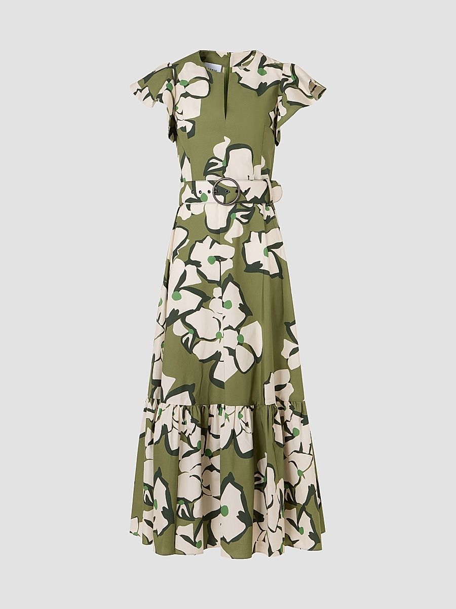 Women's Floral Cotton Belted Midi Dress - Green Tea Cream Olive - Size 14