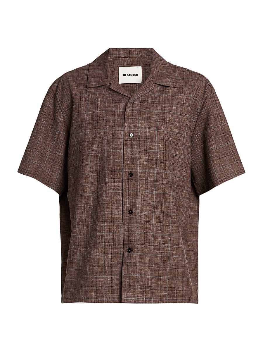 Men's Checked Wool-Linen Button-Front Shirt - Marron - Size 42