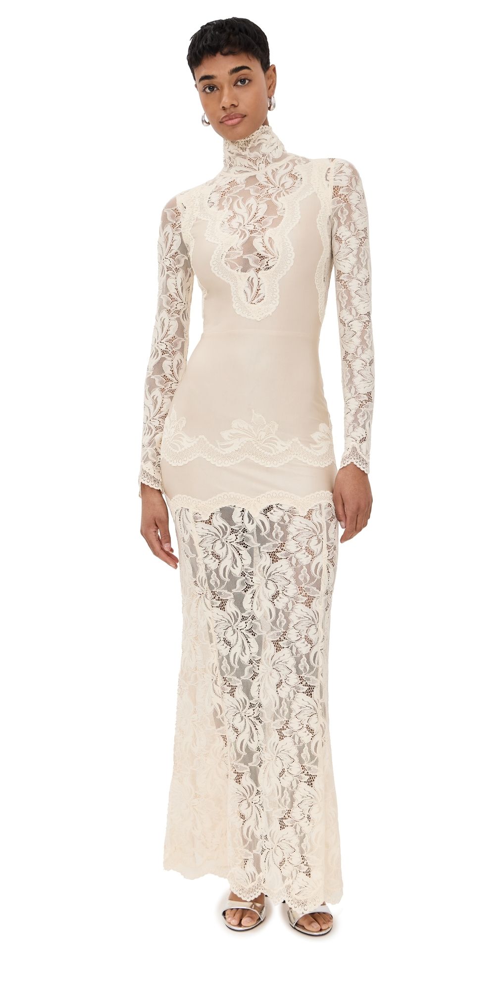 rabanne Long Dress in Lace and Jersey Ivory 42