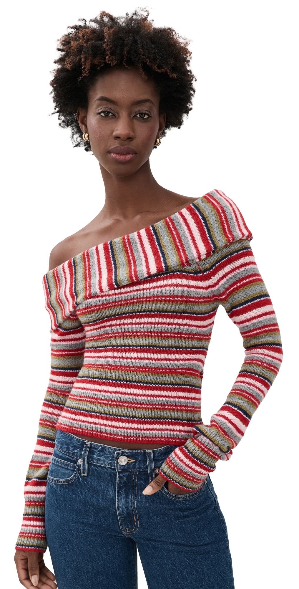 GUIZIO Off Shoulder Sweater Blue Skinny Stripe M