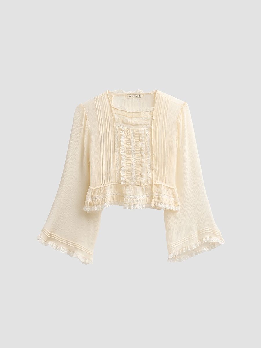 DÔEN Women's Elodine Lace-Trim Silk Plissé Top - Sea Salt - Size Small
