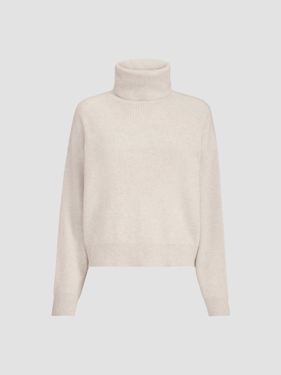 Brunello Cucinelli Women's Virgin Wool, Cashmere and Silk English Rib Turtleneck Sweater - Cool Beige - Size XXXL