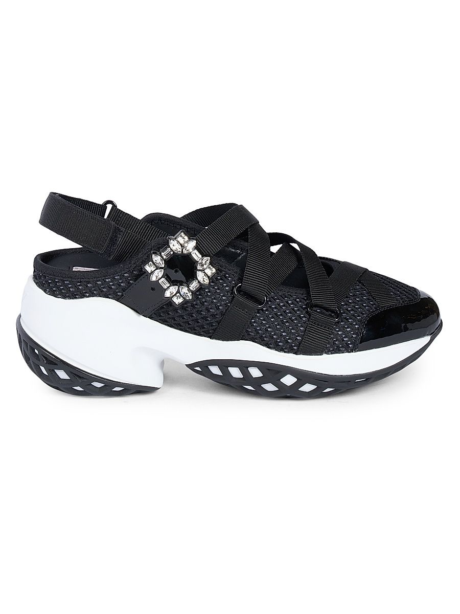 Women's Viv Run Strass Trekky Ball Mesh & Patent Leather Sneakers - Black White - Size 10