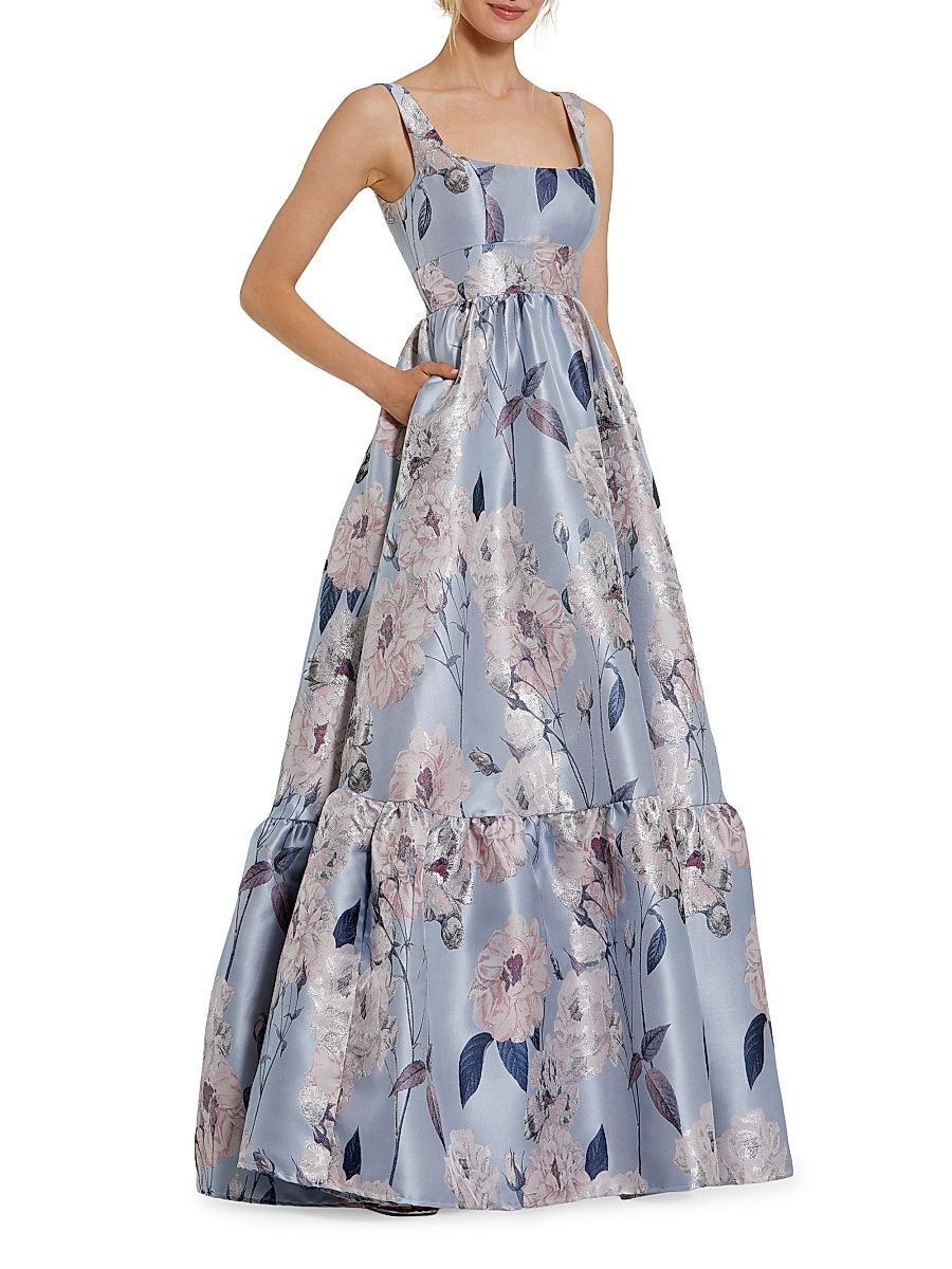 Women's Floral Brocade Tiered A-Line Gown - Blue Multi - Size 12