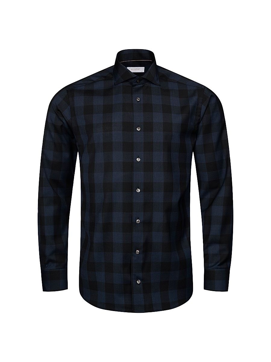 Men's Micro-Check Wool Button-Front Shirt - Blue - Size 16