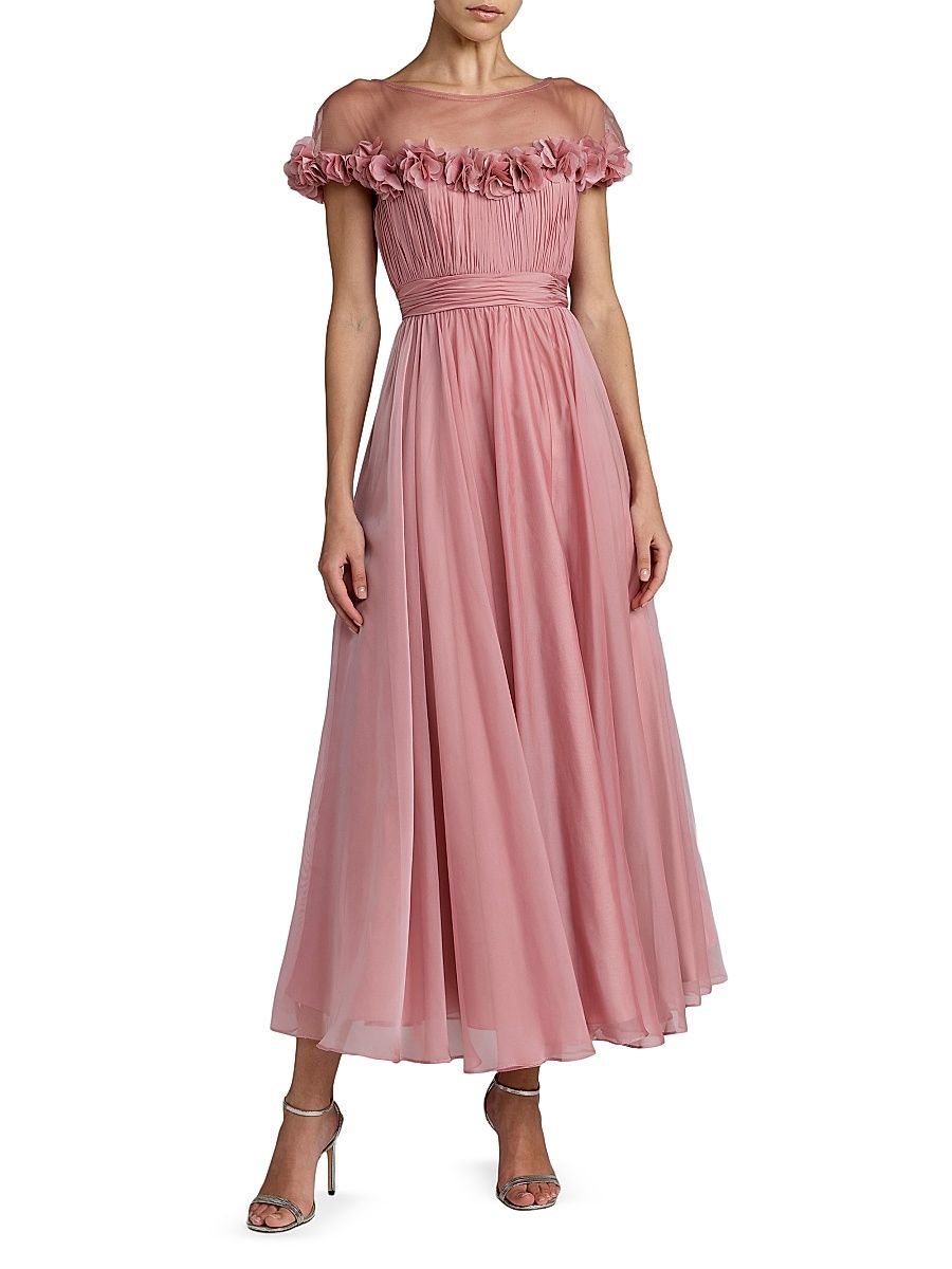 Women's Floral Chiffon Midi-Dress - Rose Gold - Size 16