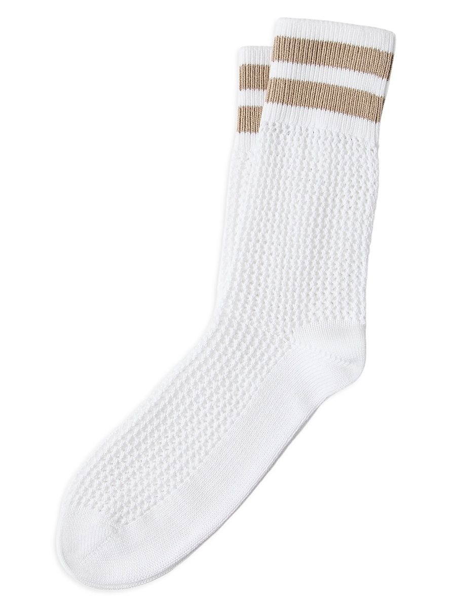 Women's Cotton Waffle Stitch Knit Socks with Stripes - Beige - Size Small