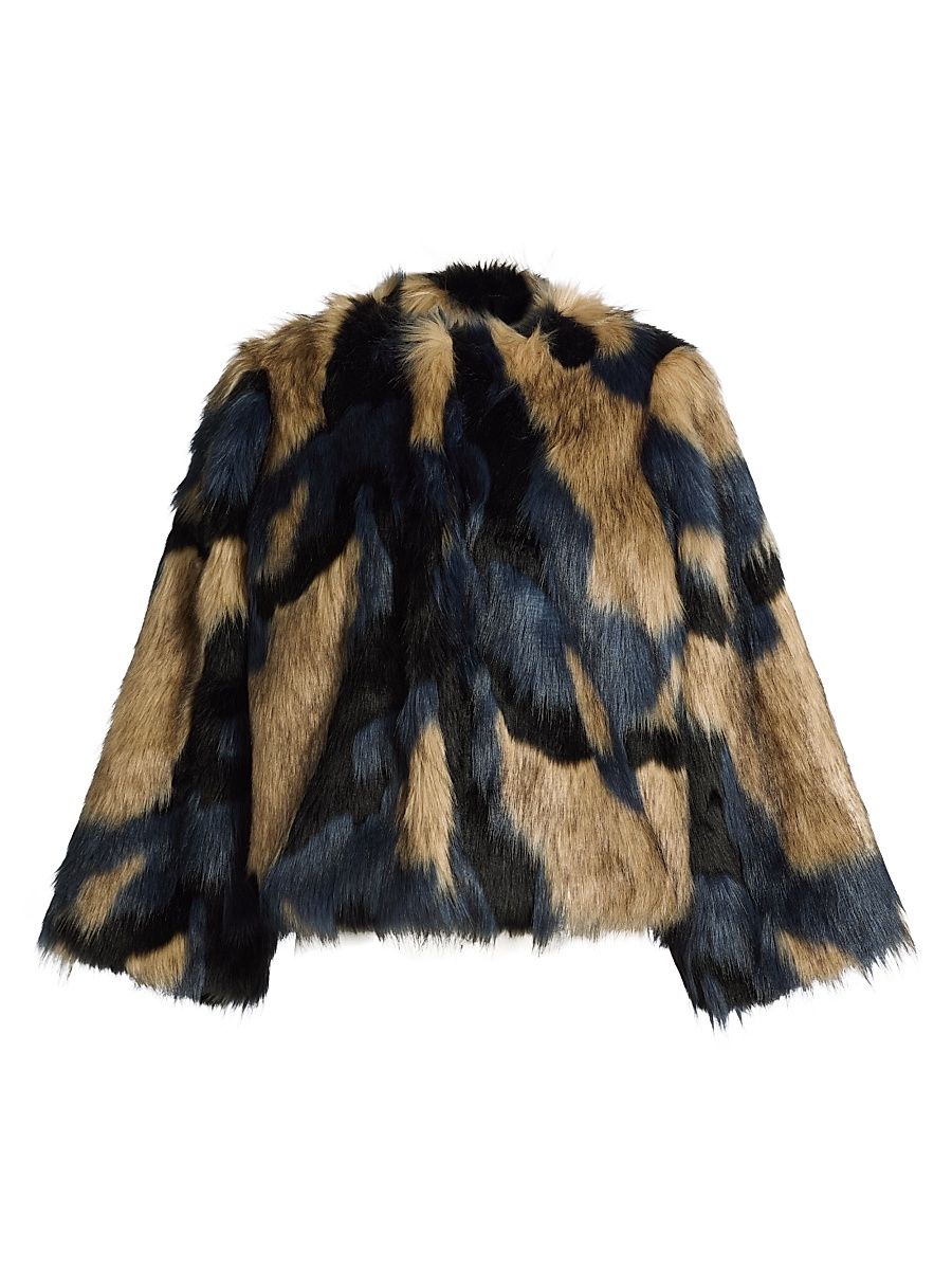 Women's Abstract Faux-Fur Round-Neck Coat - Blue - Size Large
