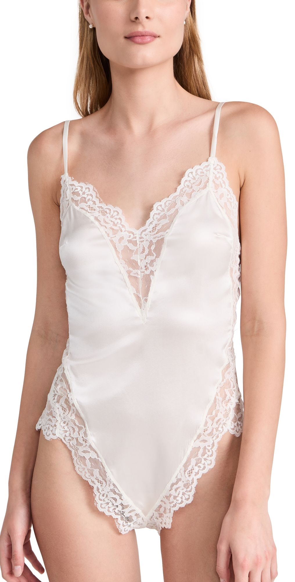 Fleur du Mal Venus Lace Trim Silk Thong Teddy Ivory M