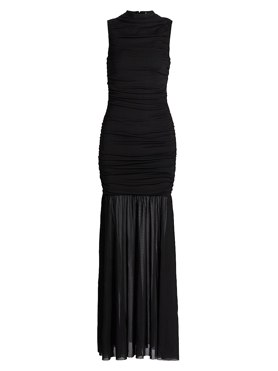 Women's Xanthe Mesh Ruched Maxi Dress - Black - Size Large