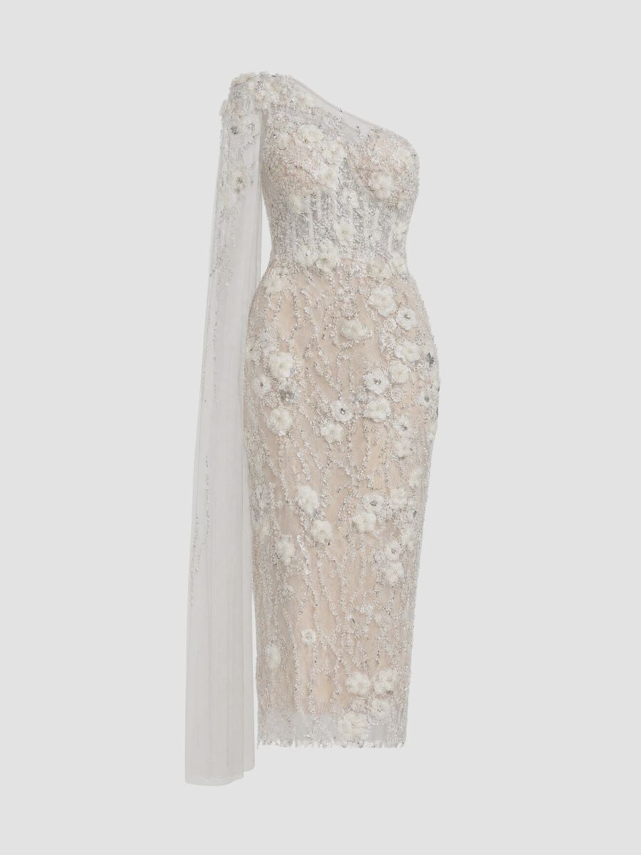 Mac Duggal Women's Embellished One-Shoulder Midi Dress - Ivory Beige - Size 12