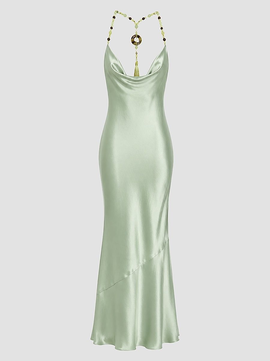 Women's Odalis Beaded Halter Satin Maxi Dress - Matcha - Size XS