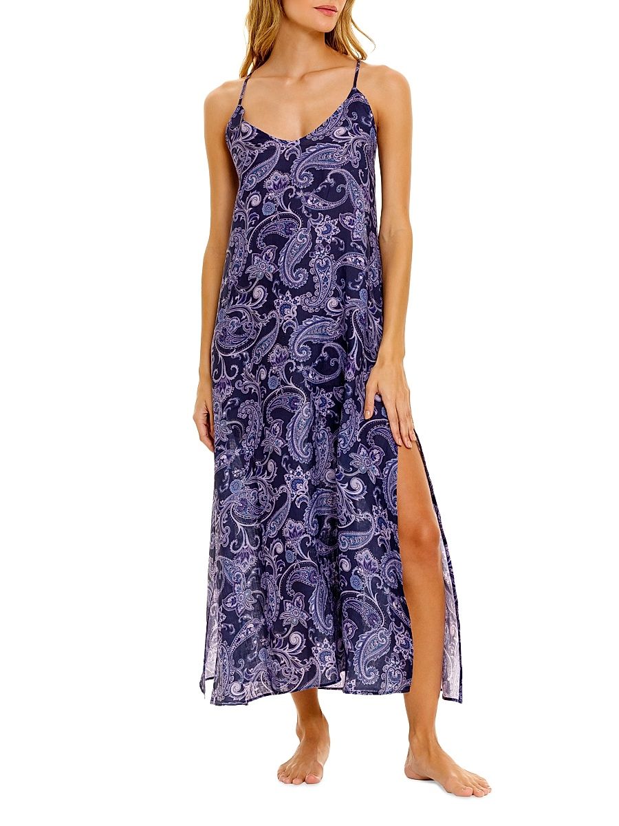 Women's Summer Soirée Frida Printed Linen Maxi Dress - Blue - Size Small