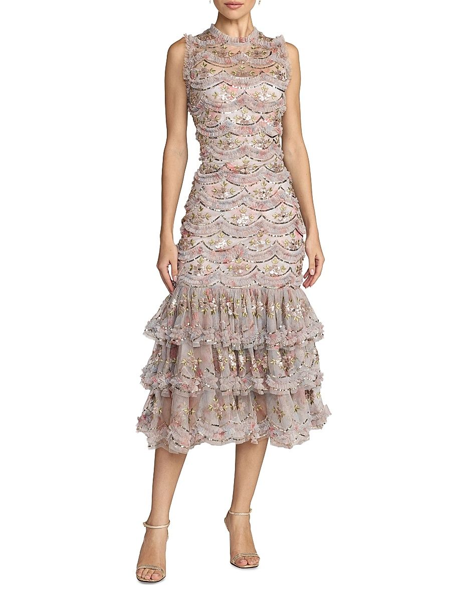 Women's Floral Embroidered Ruffled Midi-Dress - Pastel Multi - Size 12