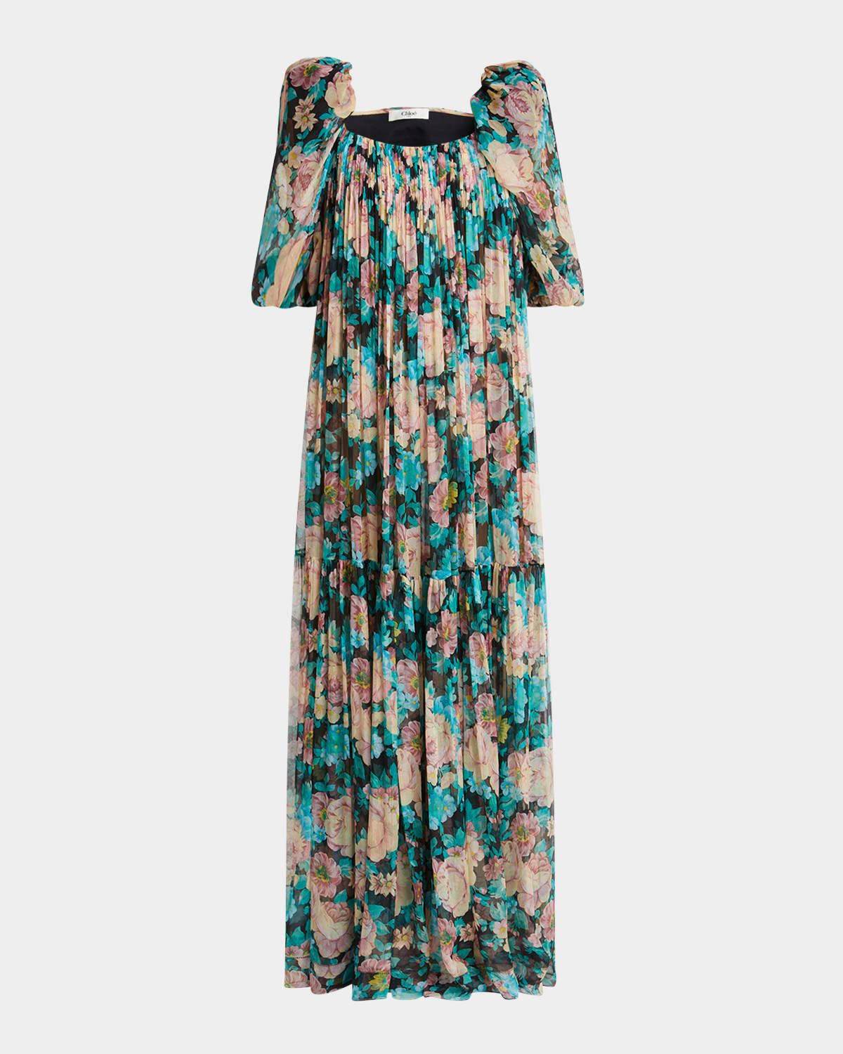 Long Floral Puff-Sleeve Silk Dress
