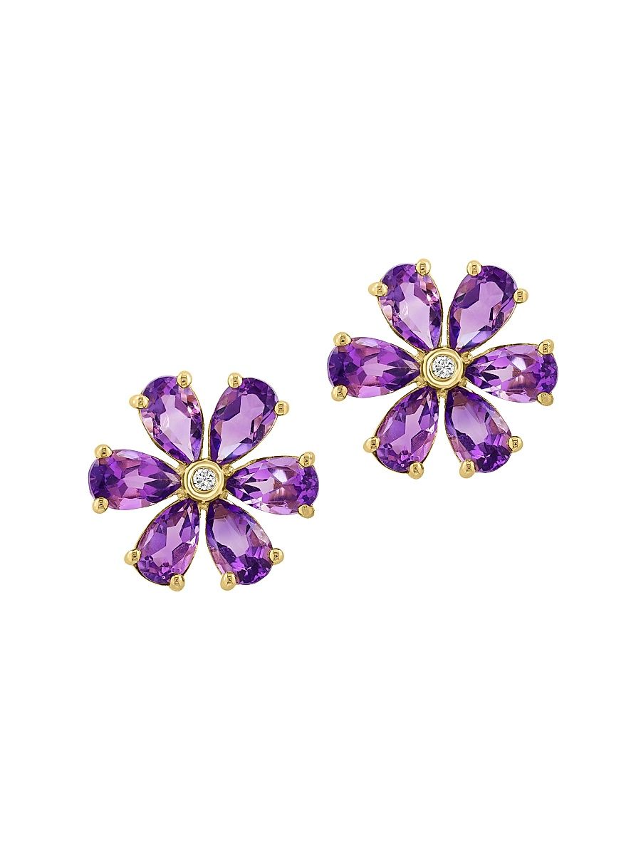 Women's 14K Yellow Gold, Amethyst & 0.01 TCW Diamond Stud Earrings - Yellow Gold