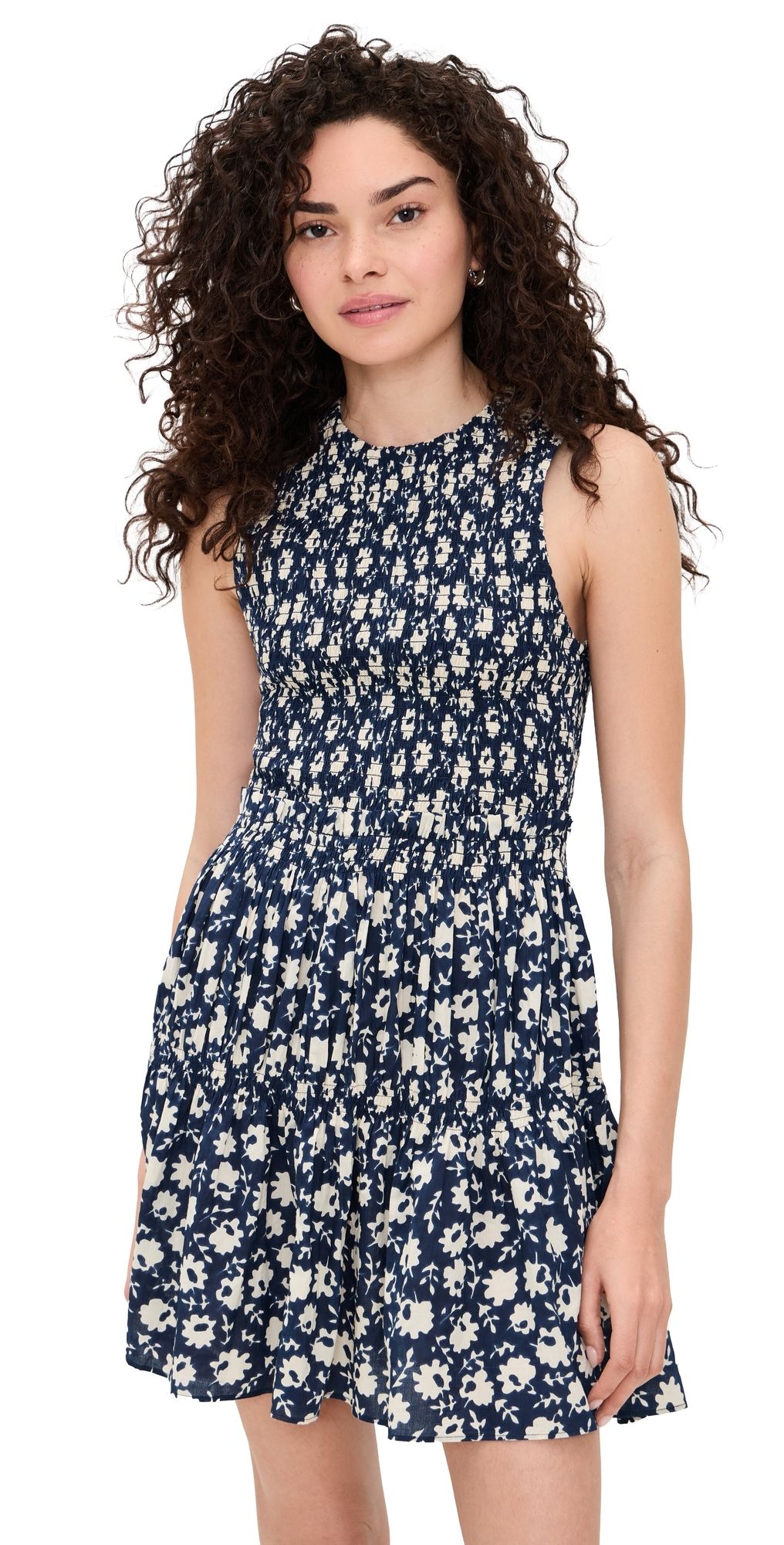 Apiece Apart Lore Smocked Mini Dress Navy Floral Stamp L