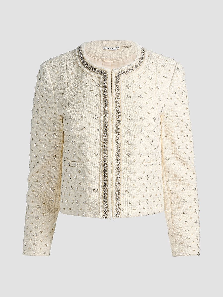 Women's Thomasina Embellished Tweed Crop Jacket - Vanilla - Size XL