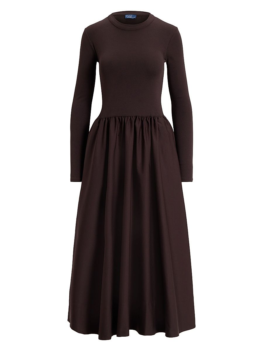 Women's Long Sleeve Cotton A-Line Midi-Dress - Squire Brown - Size Medium