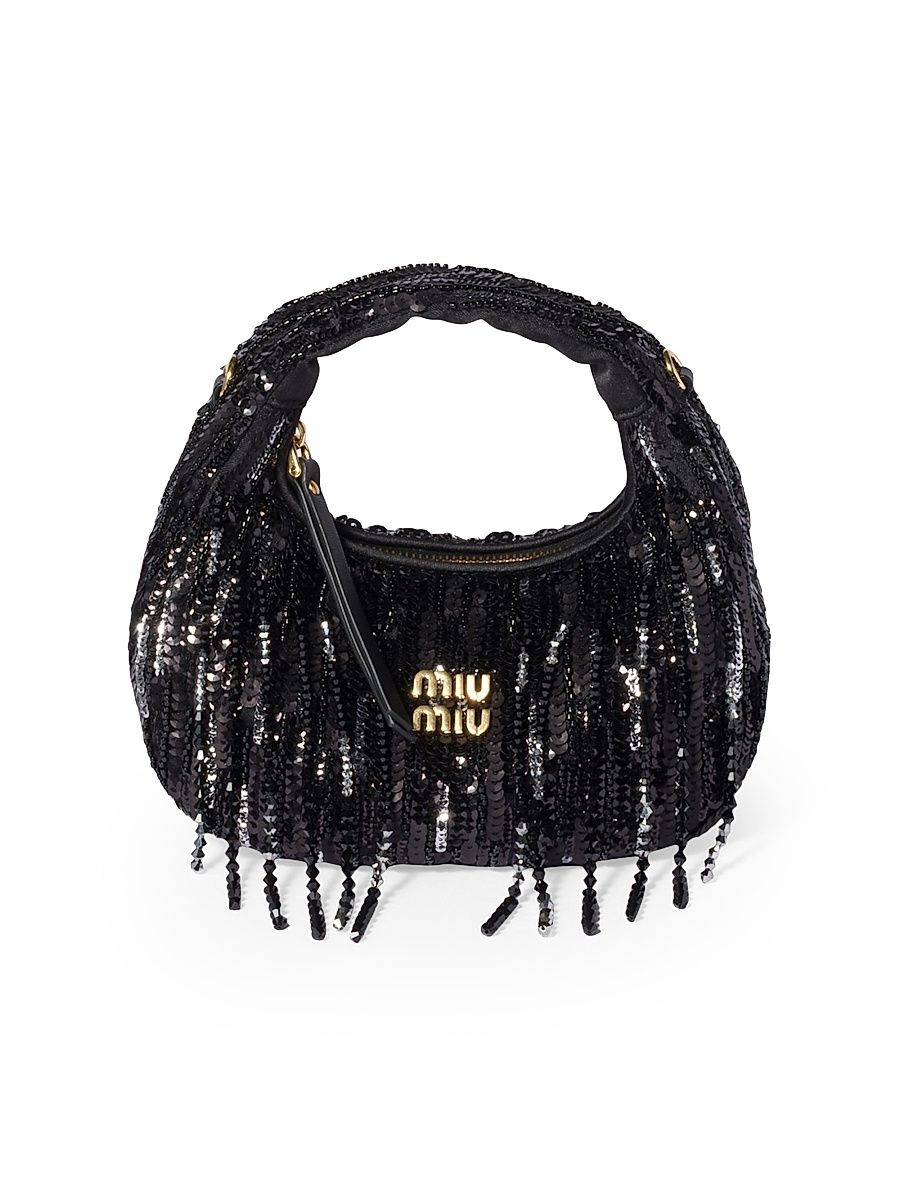 Women's Wander Satin Mini-Bag with Crystal and Sequin Fringe - Black