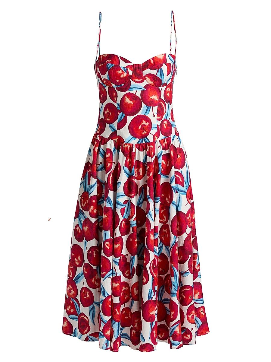 Women's Printed Linen-Blend A-Line Midi-Dress - Cream - Size XL