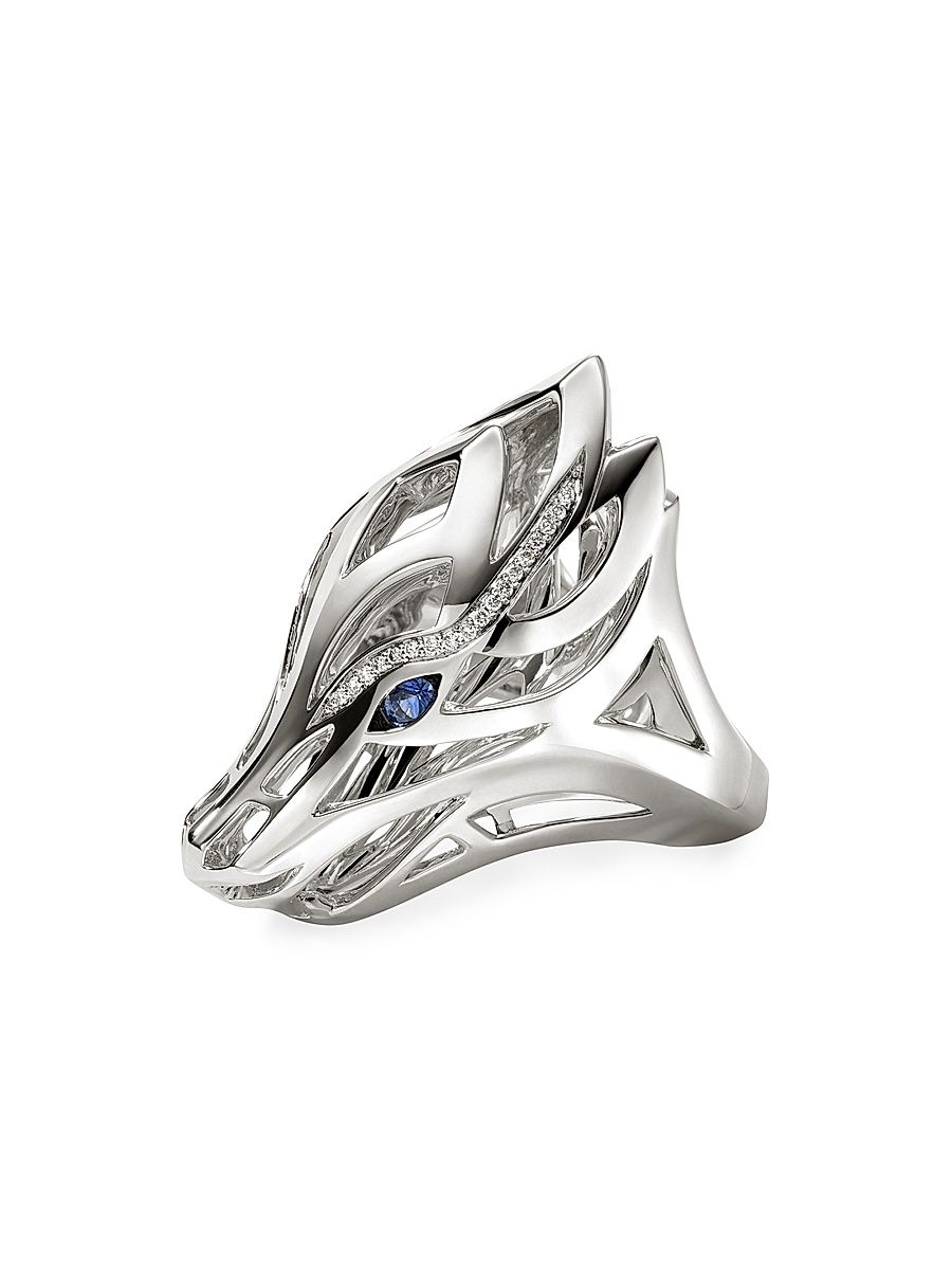 Women's Naga Dragon Sterling Silver, 0.14 TCW Diamond & Blue Sapphire Saddle Ring - Silver - Size 7